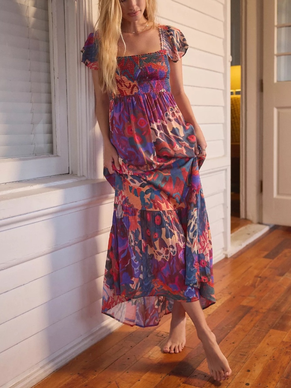 Anthropologie Michelle Morin Printed Smocked Lounge Maxi Dress Bright Abstract L